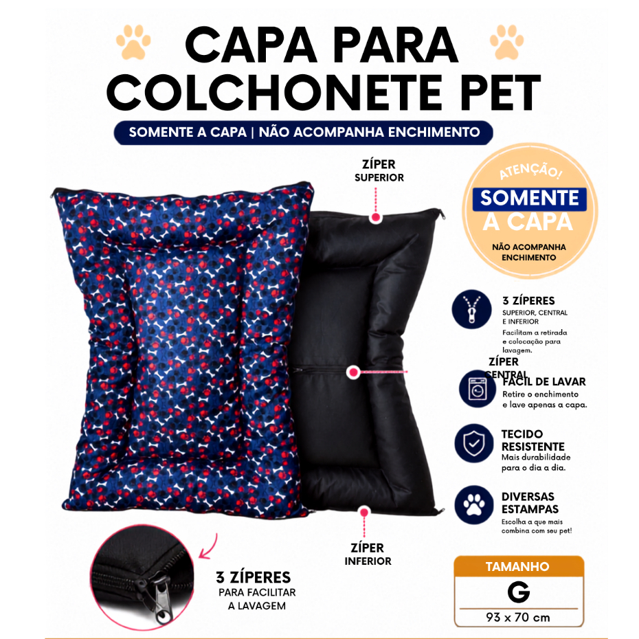 Capa Para Colchonete Pet Cachorro Gato G 93x70cm Com Zíper Lavavel