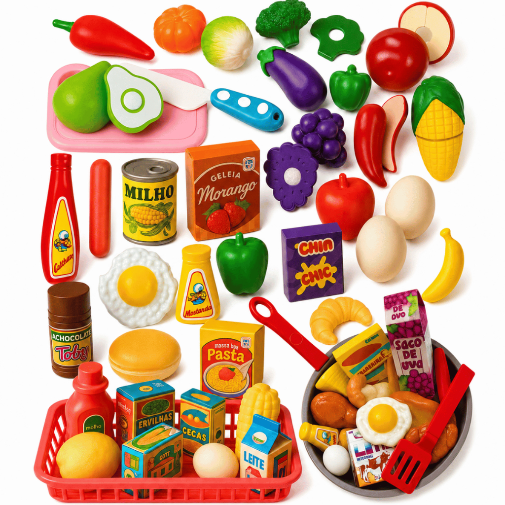 Cesta Mercado Frutas e Legumes de Cortar com Velcro + Frigideira C/ Comidinhas de Brinquedo Infantil