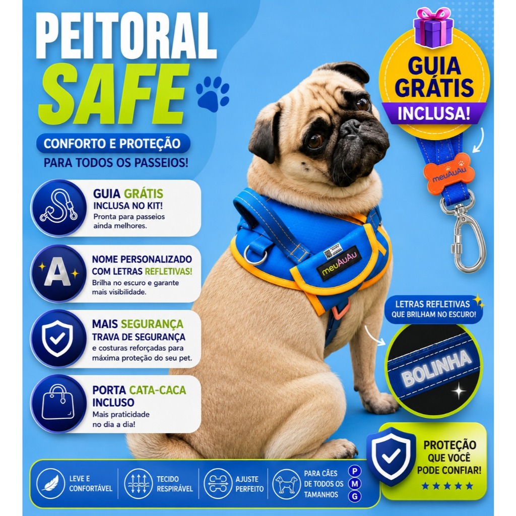 Coleira Peitoral 4 em 1 Guia Grátis Cata Caca Nome Personalizado