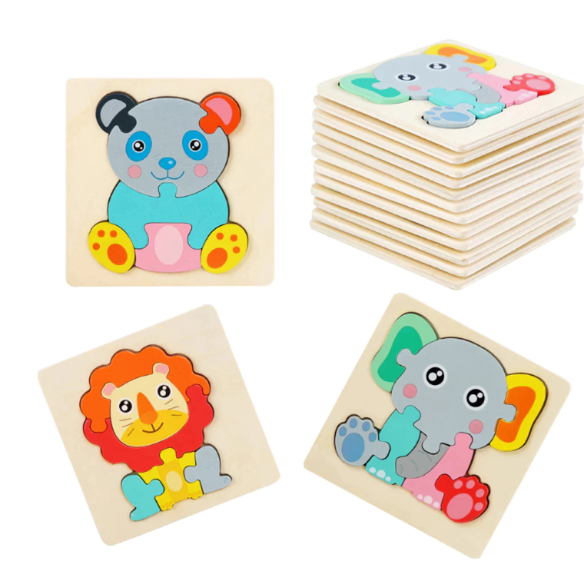 Quebra-Cabeça de Madeira 4D Desenho de Animais Brinquedo Infantil Educativo