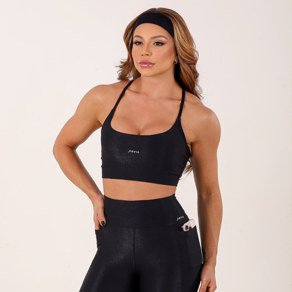 Conjunto Fitness Feminino Premium Top e Legging com Bolso Micro Canelado em Poliamida Zero Transparência Não Marca