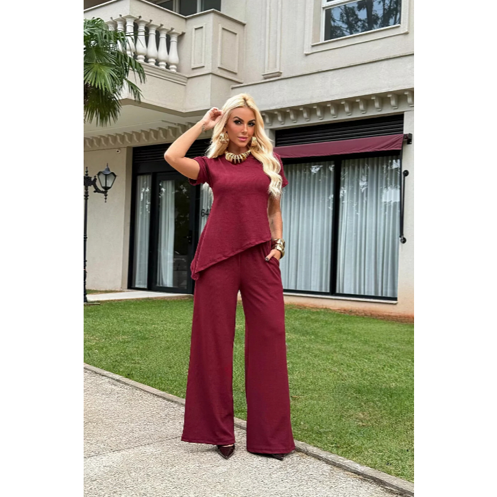 Conjunto Feminino Ágata Ana Ruga Blusa Assimétrica e Calça Pantalona Elegante