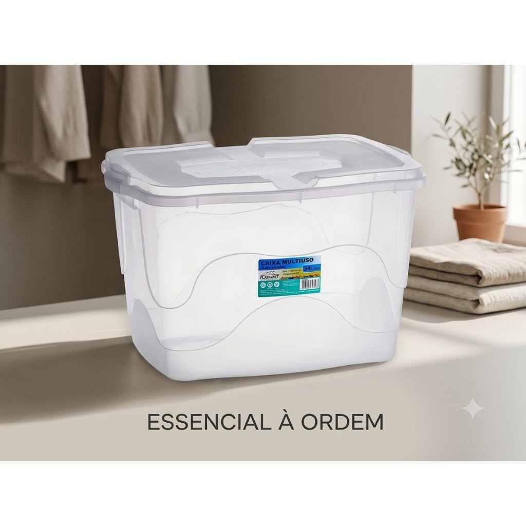 Kit 1 ou 3 Caixas Organizadora Plástico 34 Litros com Trava Transparente Multiuso Organizador Cesto Multiuso Resistente