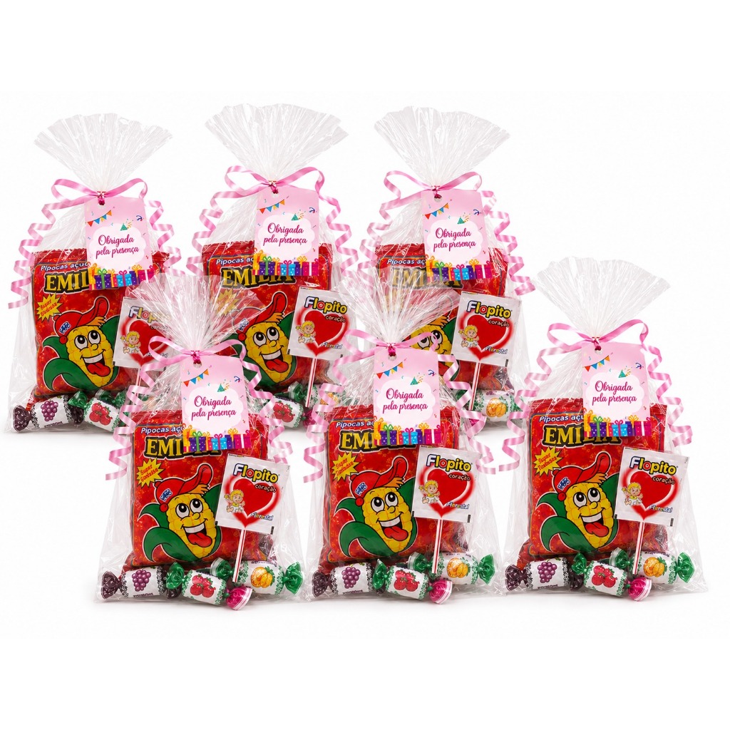Kit Sacolinhas Surpresa Saquinho De Doces - Pipoca Doce, Pirulito, Balas + Fitilho e TAG de agradecimento — imagem 2 de 2