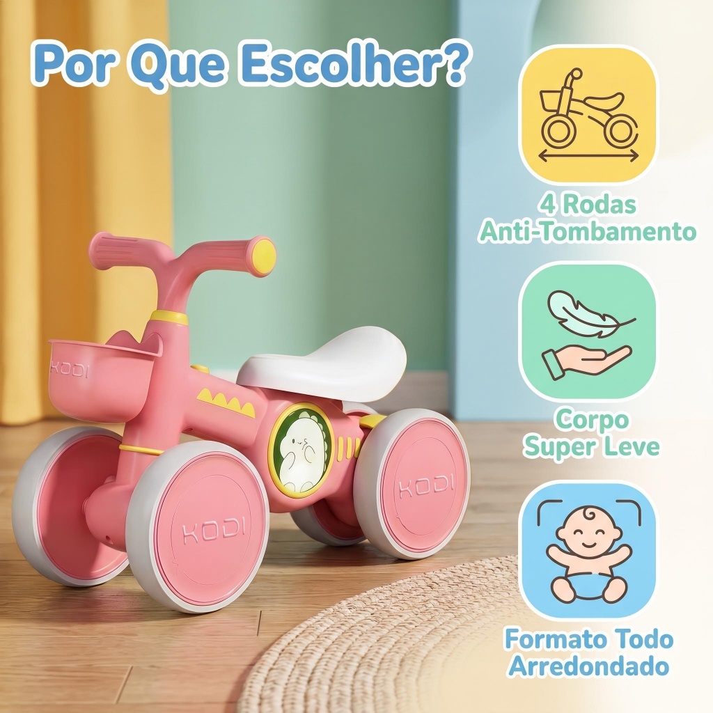 Bicicleta de Equilíbrio Bebê Rosa com Música–4 Rodas Antiderrapante,Presente Aniversário1 Ano Menina P25