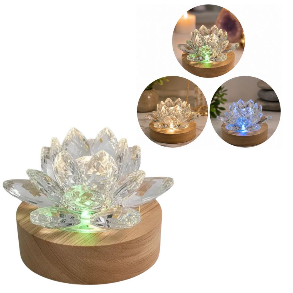 Imagem Luminária Flor de Lótus LED Cristal 6cm USB | Luz Decorativa Colorida para Meditação, Quarto, Sala e Decoração Zen