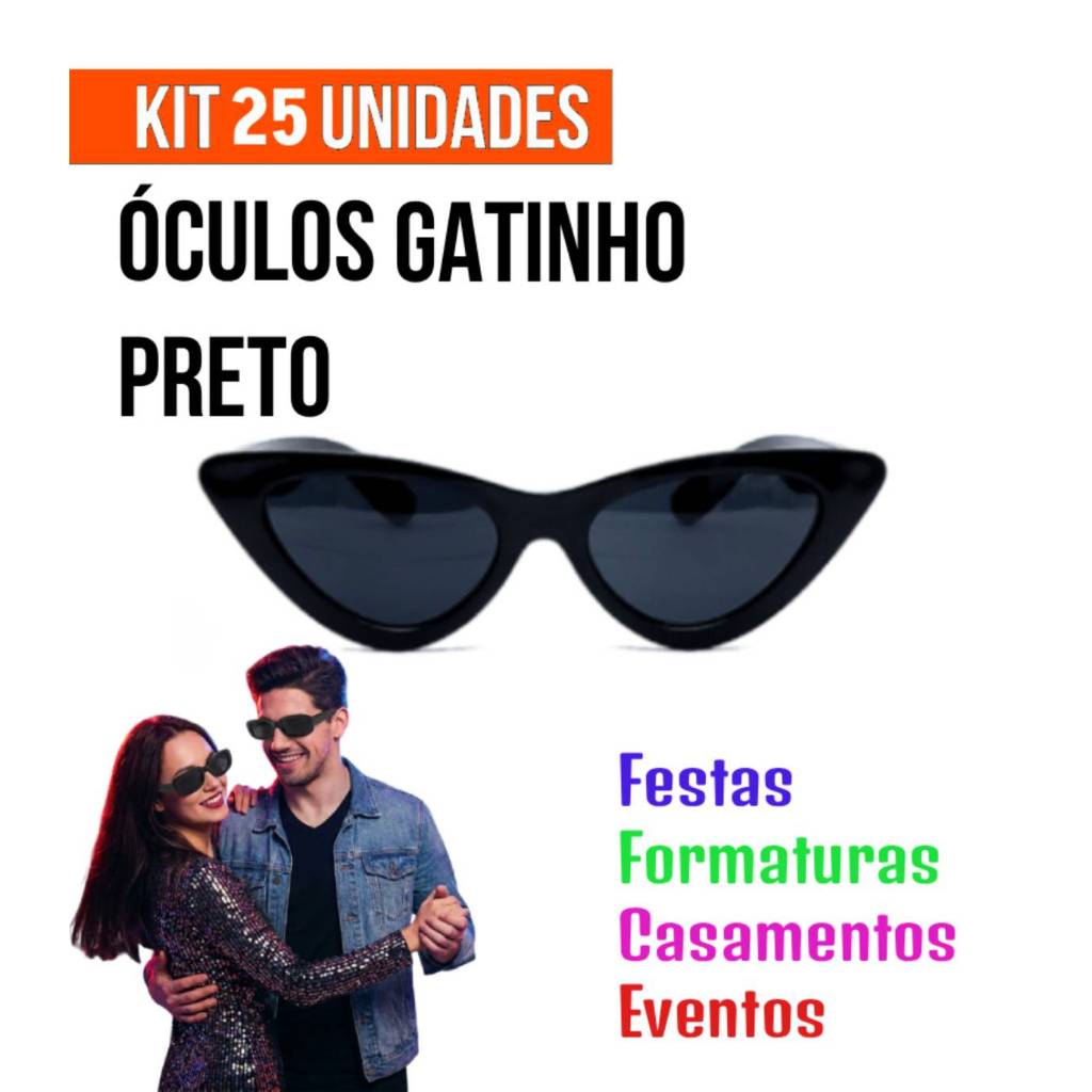Kit 25 Oculos Gatinho Festa Casamento Evento Cor Preto