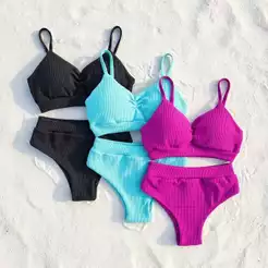 Biquíni Cintura Alta Com Bojo Canelado Moda Verão