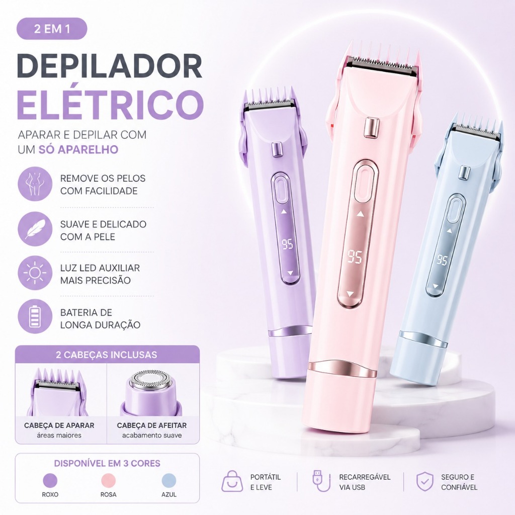 Barbeador Feminino Elétrico 2 Em 1 USB Aparador Recarregável LED Para Pernas Axilas Rosto Depilador