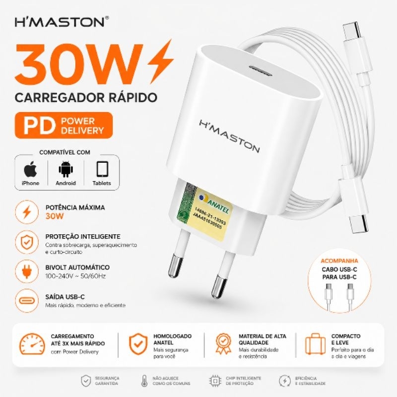 Carregador Turbo 30w H'maston Original Tipo C Compatível com Iphone Sansung e Mo