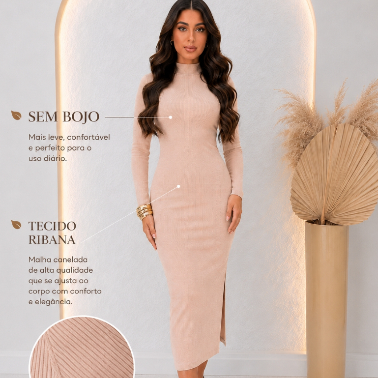 Vestido Feminino Cacharrel Midi Tubinho Manga Longa Gola Alta Ribana Canelada Inverno Elegante