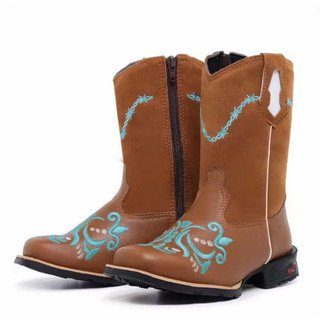 Bota Infantil Feminina Texana Country Bordada Couro Bico Quadrado