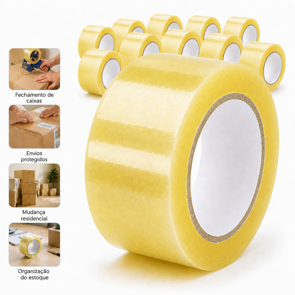 Kit 12 Fitas Adesivas para Embalagem Transparente 45mm X 100m  Uso Doméstico e Profissional