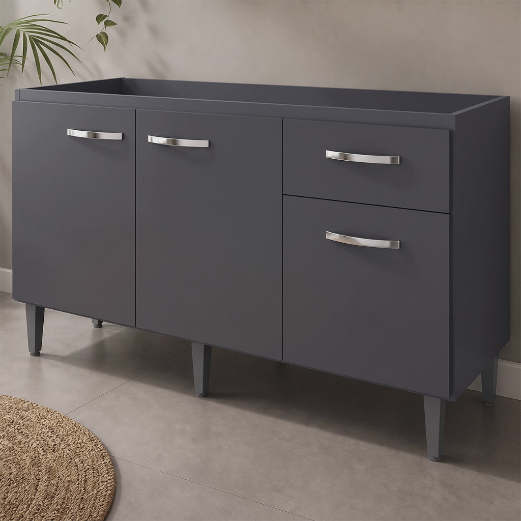 Balcão de Cozinha Gabinete de Pia Sem Tampo 120cm 3 Portas e 1 Gav Gabriela Cinza - AJL