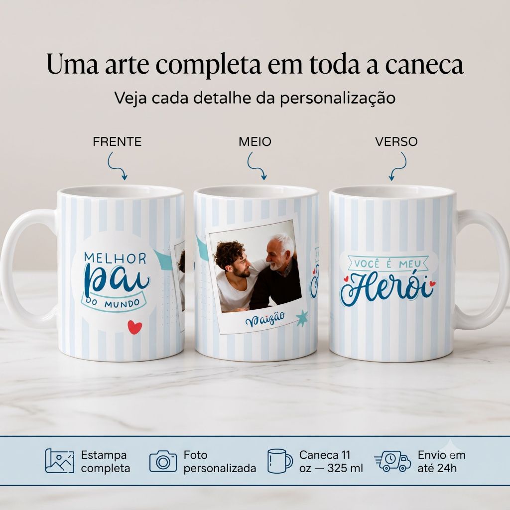 CANeca Personalizada para Pai com Foto e Nome 325ml Presente Criativo Melhor Pai Paizão Herói