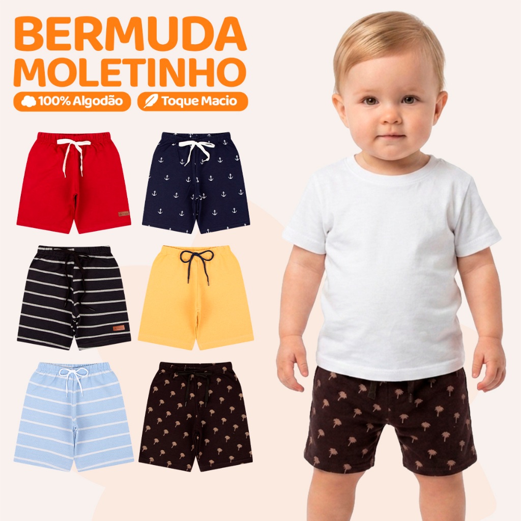 Kit de 6 ou 4 Bermudas Bebe Menino Moletinho Algodão Shorts Infantil Masculino Casual Opções Lisa e Estampadas de Verão