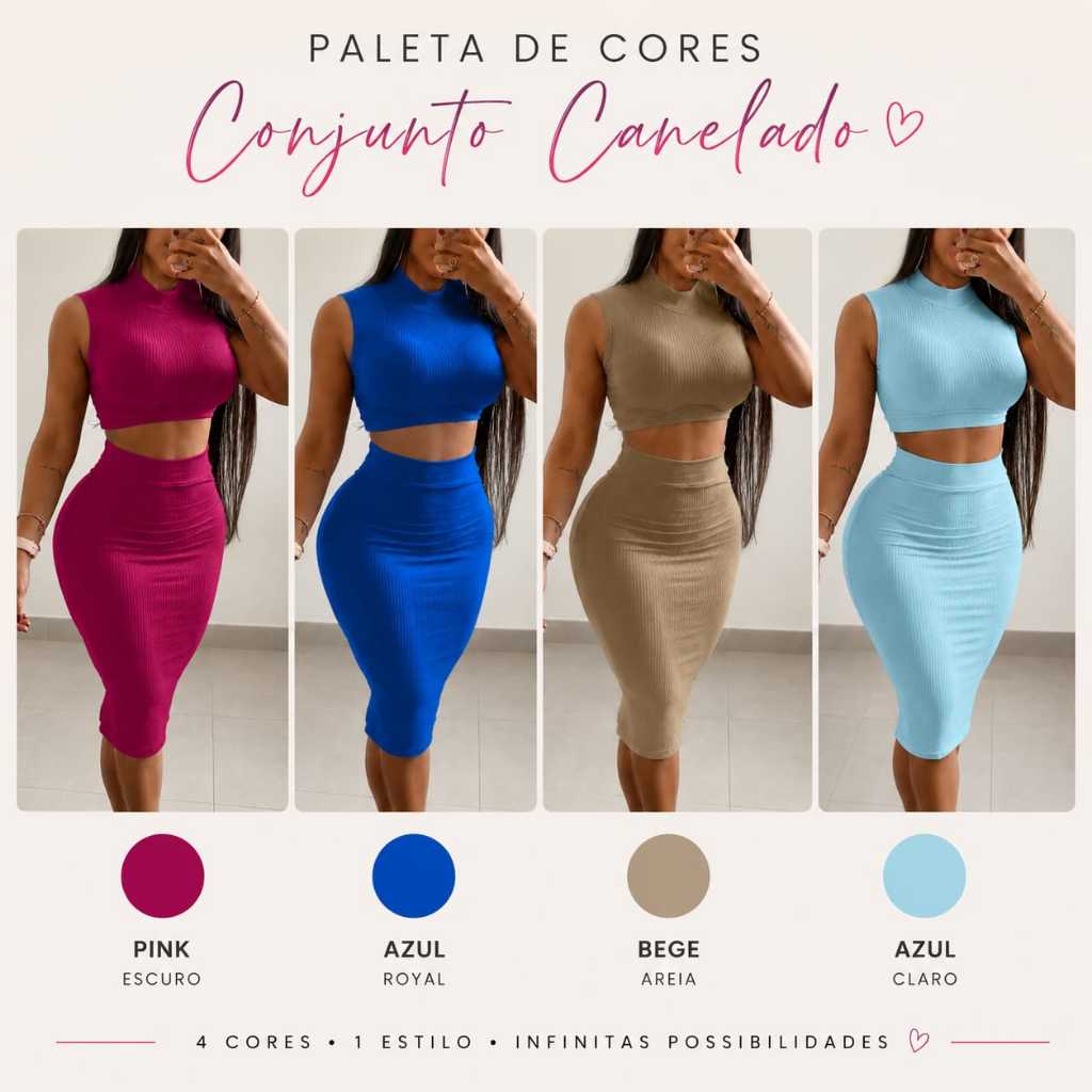 Conjunto Feminino Justinho Canelado com Elastano Saia e Cropped Gola Alta Tamanhos P,M,G,GG
