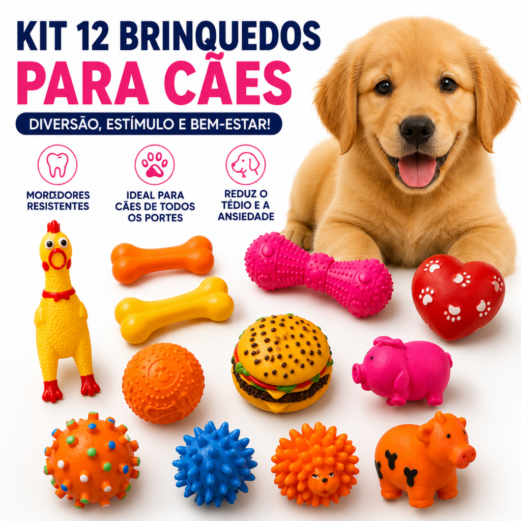 Kit Brinquedos Mordedor Interativo de Borracha com Sino Pet Cachorro Filhote Antistress Cães Limpeza Dentes