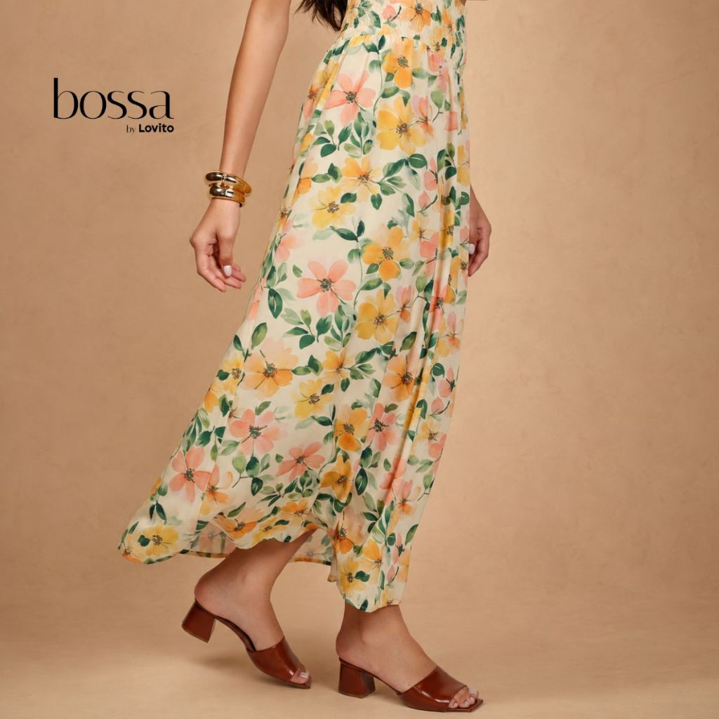 Lovito Bossa l Saia Longa Feminina Estampada Floral Delicada Amarela Com Pala de Lastex SKB15801610