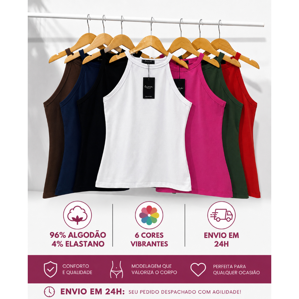 Regata Feminina Golinha Alta Algodão Básica Lisa Cavada Trabalho Dia a Dia Passeio Verão Blusinha Confortável