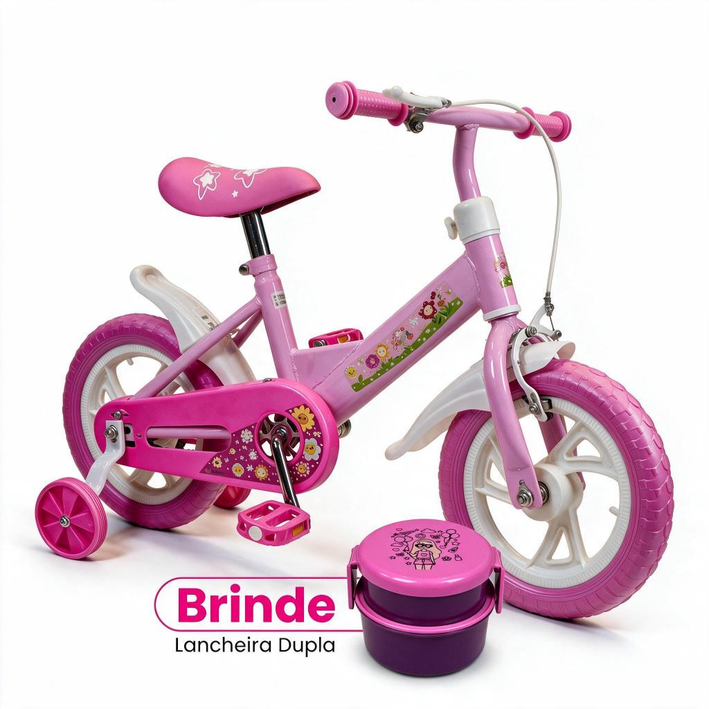 Bicicleta Infantil Joy + Lancheira Dupla Menina Aro 12 Pink/Lilás | 2+ anos até