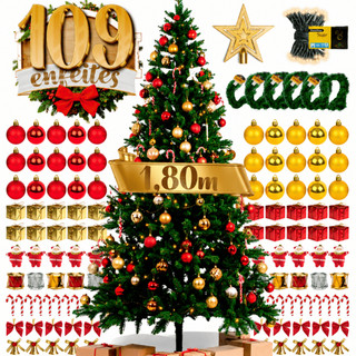 Árvore Natal 180cm Completa Natalino Galhos Kit Decoração Enfeites 1,8m Pisca Pisca LED Papai Noel
