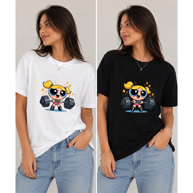 Camiseta Lindinha Academia Feminina Estampada Meninas Superpoderosas Treino Fitness Geek Algodão Preta Casual P ao GG