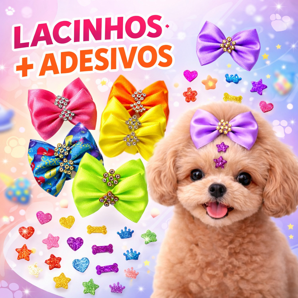 Lacinhos + Adesivos PET Decorativos 10/20/30/40/50 modelos e cores Sortidos Pet Shop banho e tosa