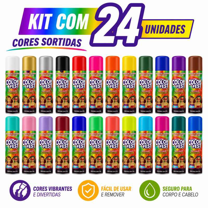 24 Tintas Spray Cabelo e Corpo Color Fest - 150 ML Cores  Sortidas -   Carnaval