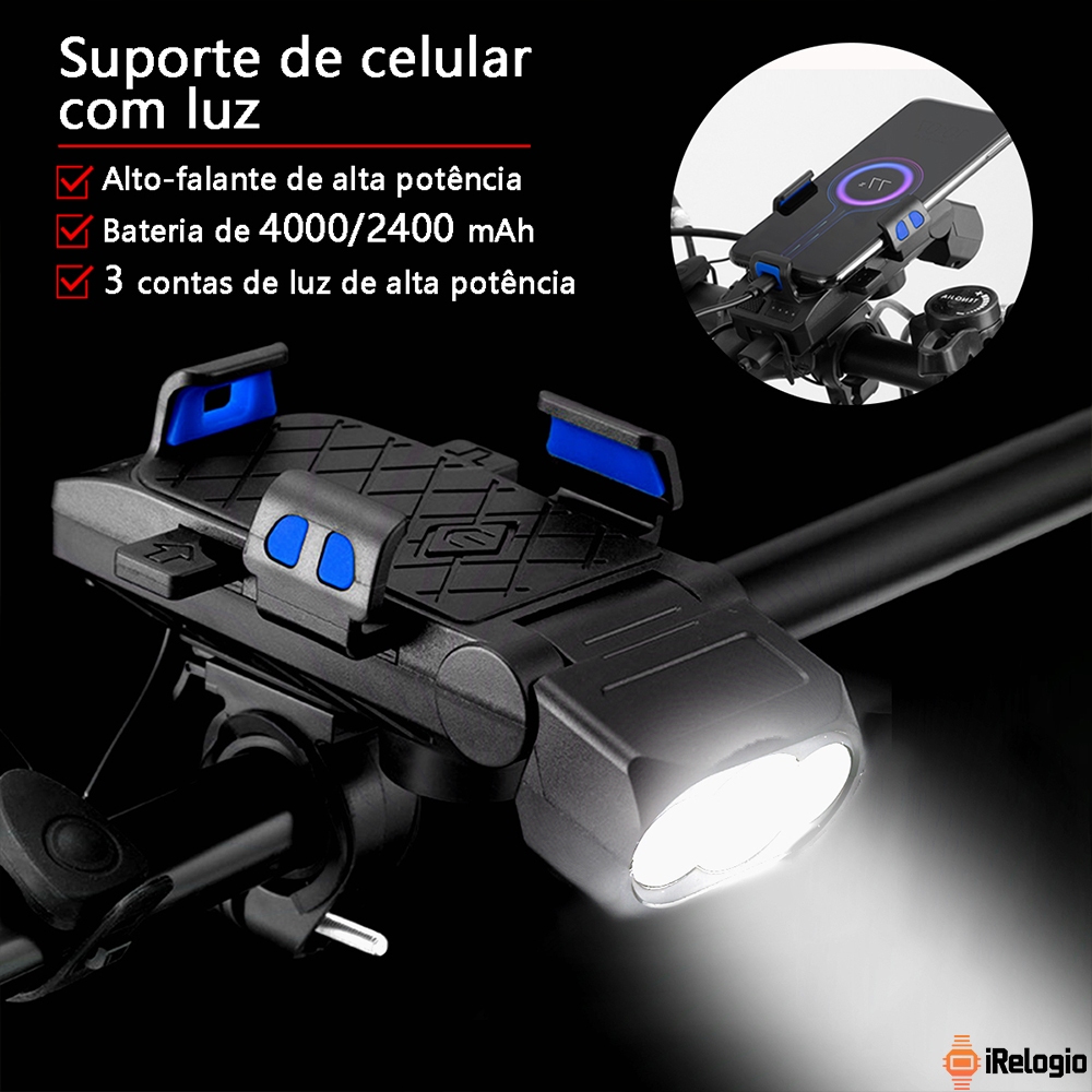 Lanterna De Bicicleta Recarregável Com Buzina Suporte Para Celular À Prova D'Água 4 Em 1 Multifuncional 16H 4000 Lúmens
