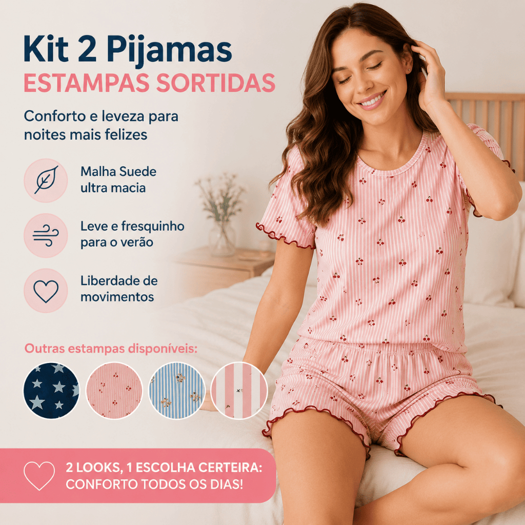 Kit 2 Pijamas Femininos Suede/Viscose Verão Conjunto Curto Estampas Sortidas Confortável Promoção