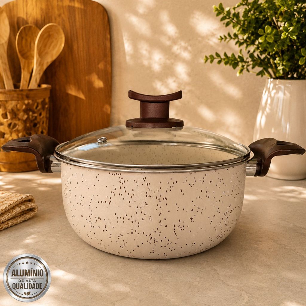 Panela Caçarola 20 cm Antiaderente 6 Camadas de Teflon Bege com Tampa de Vidro Linha Exclusiva Vanilla Premium