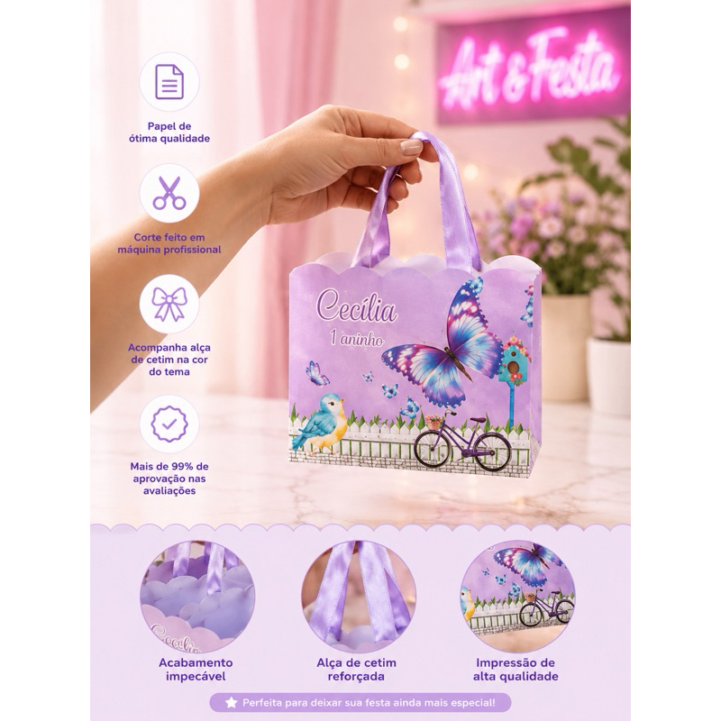 Sacolinha de Aniversário - todos os modelos -Lembrancinha personalizada - Jardim de borboleta