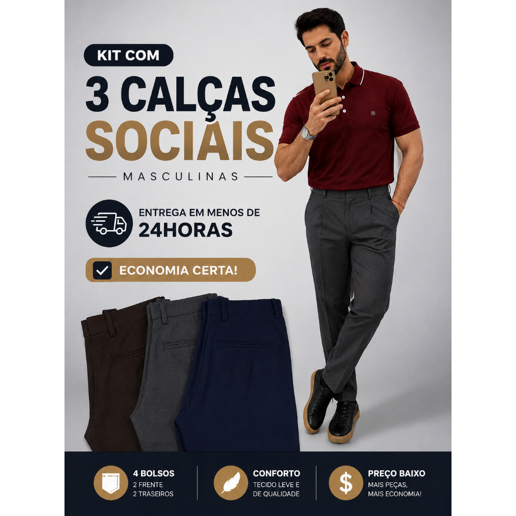 Kit Com 3 Calças Sociais Masculina Esporte Fino Executiva Para Trabalho Reuniões Congressos Ate o 50