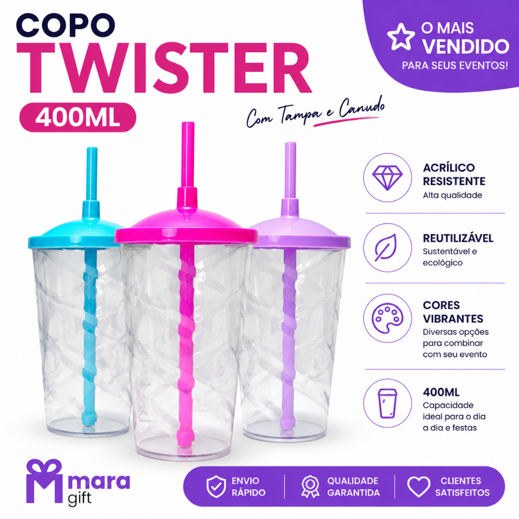 5 à 20 Copos Cristal Twister 400ml, Festas E Eventos, Transparentes Com Tampa E Canudo coloridos