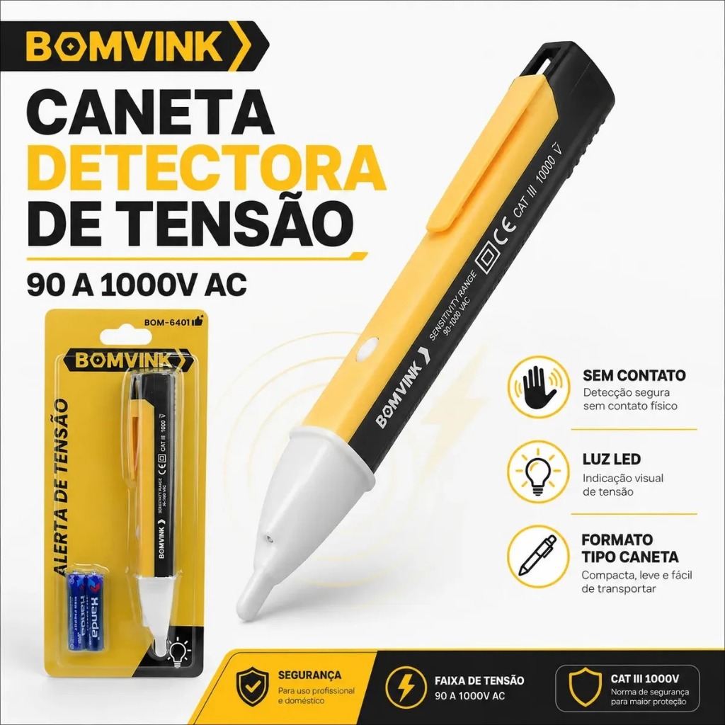 Caneta detectora de tensão AC com Alerta Sonoro com pilha para Eletricista profissional