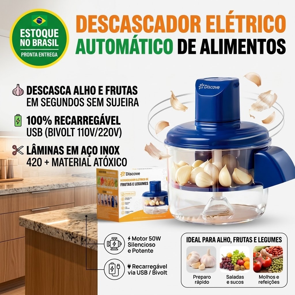 Descascador Eletrico De Alho Automatico Recarregavel USB Processador De Temperos Frutas Sem Fio Bivolt Discove