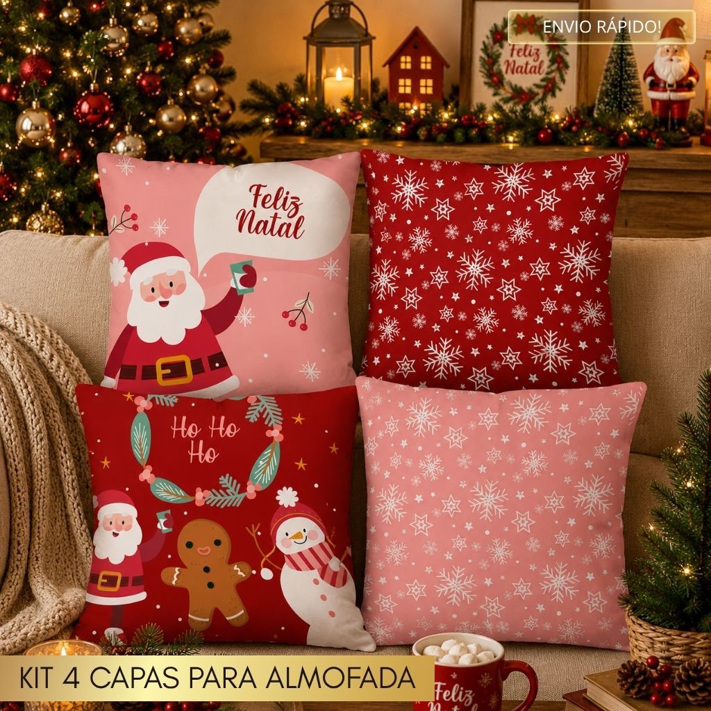 Kit com 4 Capas de Almofada Decorativas Natalinas Natal 45x45cm Flocos de Neve