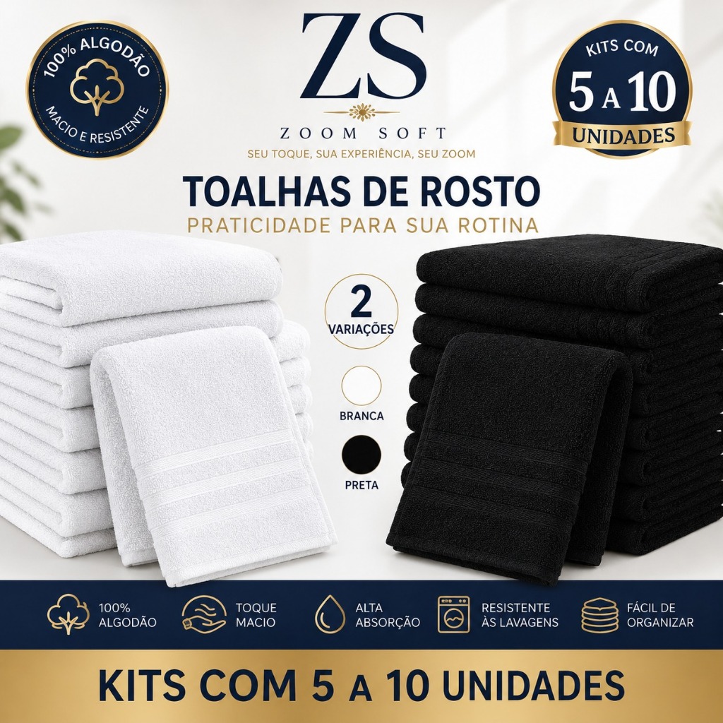 Toalha De Rosto Branca ou Preta Cintia - 70x40cm - Profissional - 82g - Cabeleireiro - Barbearia - Hotel - Dia a Dia