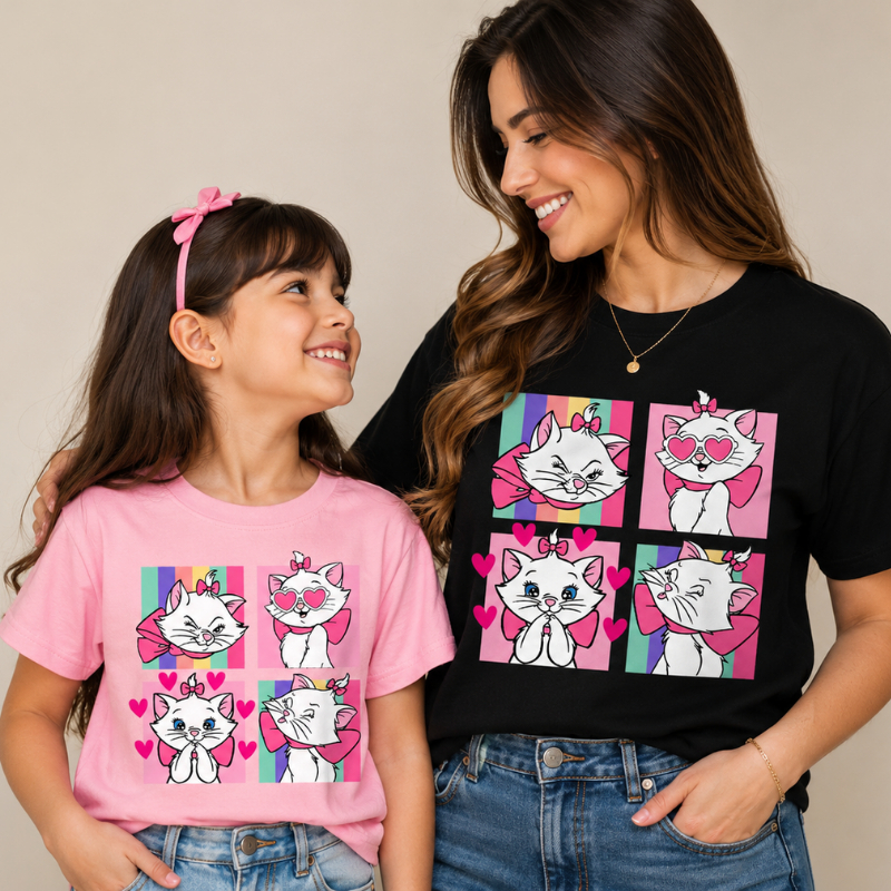 camiseta adulta feminina infantil marrie gatinha delicada minimalista criança personagem mae e filha blusa confortavel