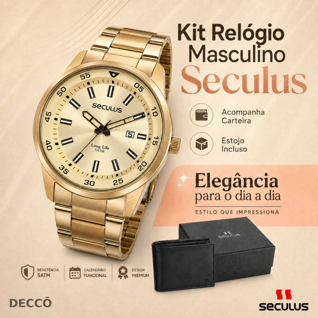 Relógio Masculino Seculus Dourado Com Carteira Aço Analógico Resistente à Água 46 MM
