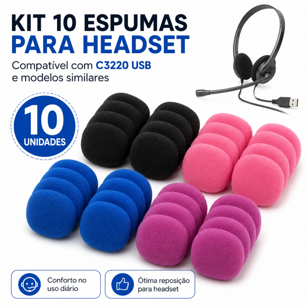 Kit 10 Espumas Headset Compatível com Plantronics Blackwire C3220 USB Almofada de Reposição 65mm