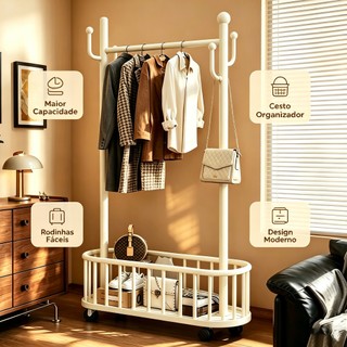 Arara de roupas móvel com cesto organizador e ganchos, cabideiro resistente para quarto, hall e closet