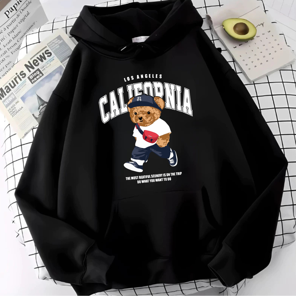 Blusa de Moletom Canguru Ursinho Estiloso com Capuz e Bolso Flanelado Estampado Urso Casual Confortável Gringo Unissex