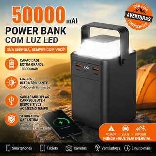 Power Bank 50000mAh Lanterna LED Recarga Portátil Impermeável Para Acampamento Pesca