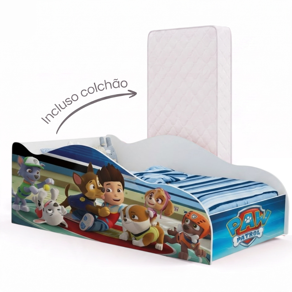 Cama Infantil Mini Formato Carro Montessoriana Temática Personagem Meninos Adesivada MDF Resistente Incluso Colchão - AV