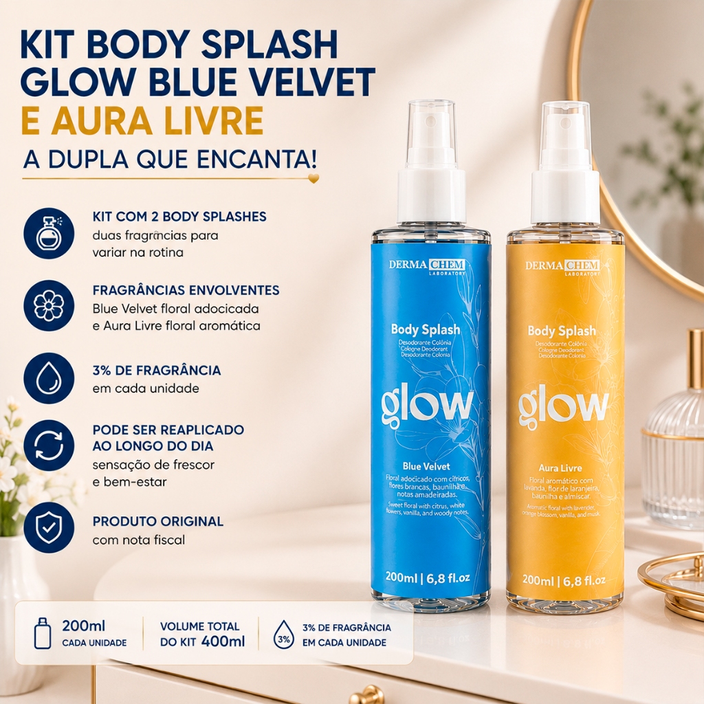 Kit Body Splash Glow Blue Velvet e Aura Livre A Dupla Que Encanta 200ml - Dermachem
