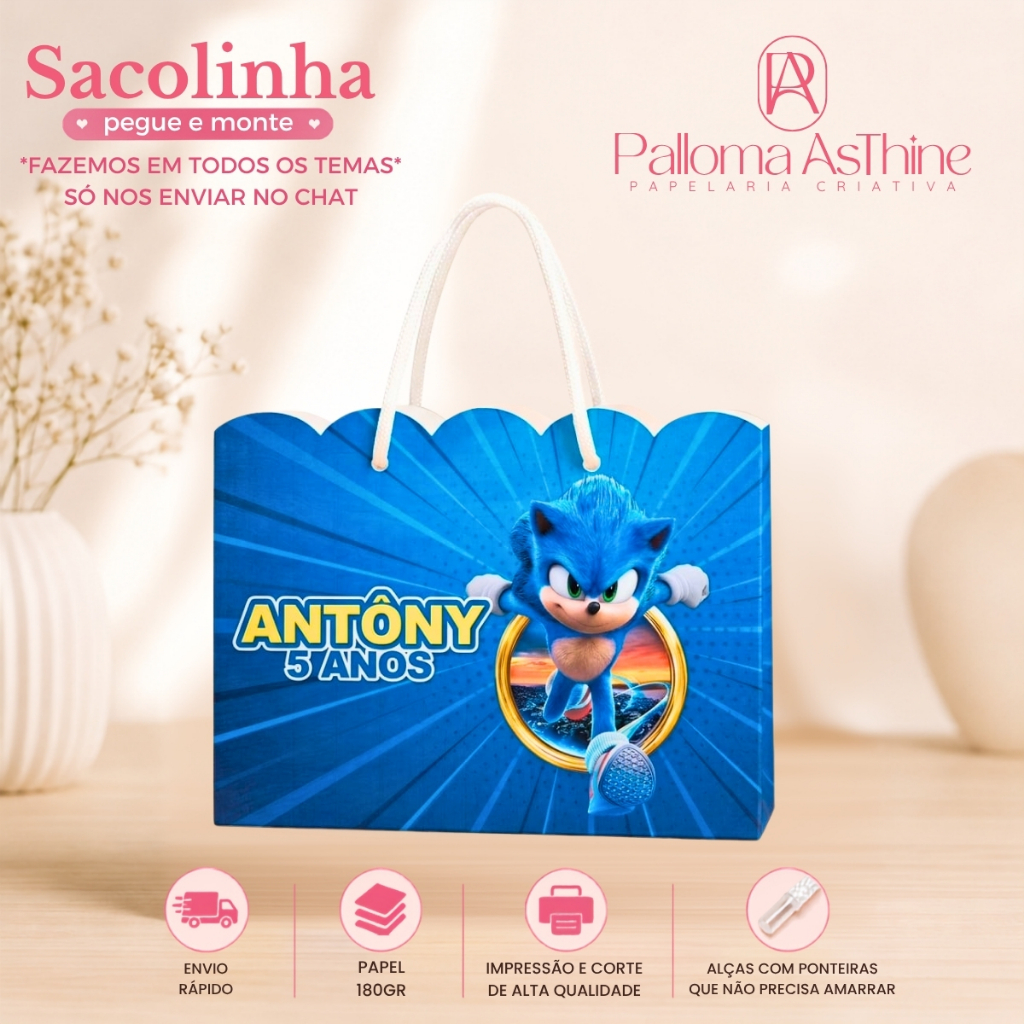 Sacolinha pegue/monte sonic lembrancinha personalizada aniversário 20x15x7cm