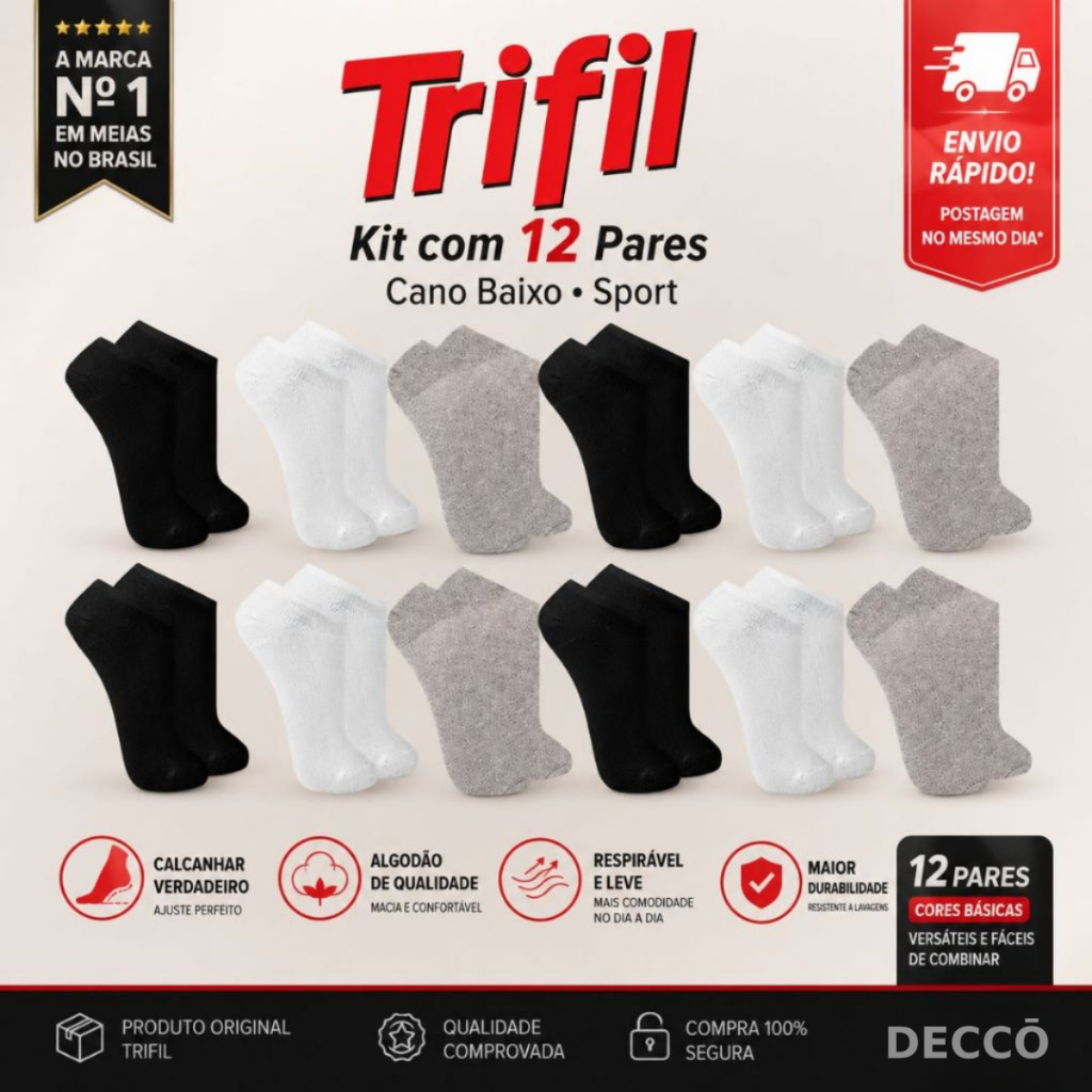 Kit com 12 Pares de Meias Trifil Modelo Cano Baixo Lisa Básica Esportiva Calcanhar Verdadeiro Sport