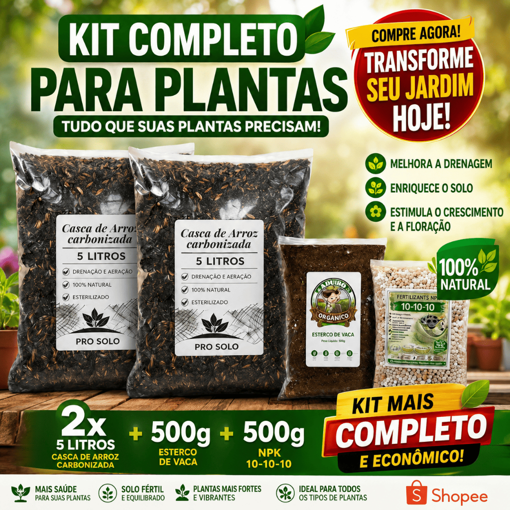Kit Completo 10L Casca de Arroz + Adubo Orgânico + NPK 10-10-10 Substrato Plantas